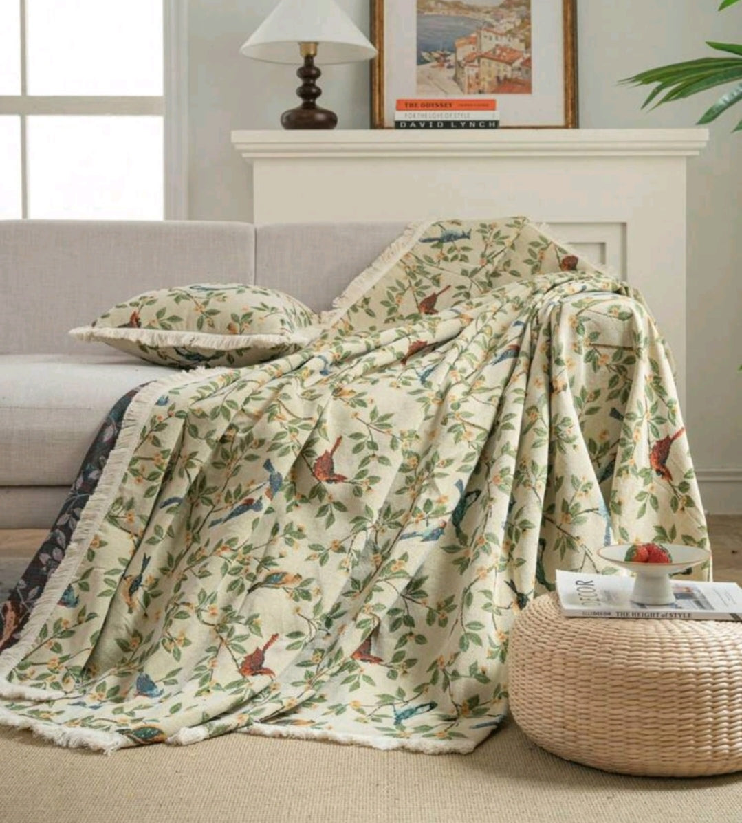 Vintage Farmhouse Jacquard Sofa Cover – Bird & Leaf Pattern, Thick Pet-Friendly Couch Protector