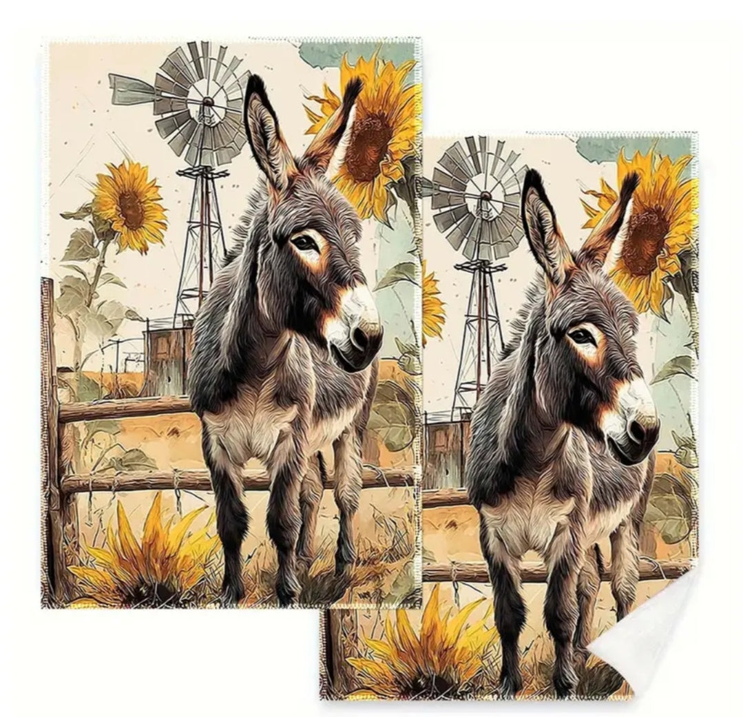 Donkey Sunflower Kitchen Towels Set of 2 | Farmhouse Dishcloths 40×60cm