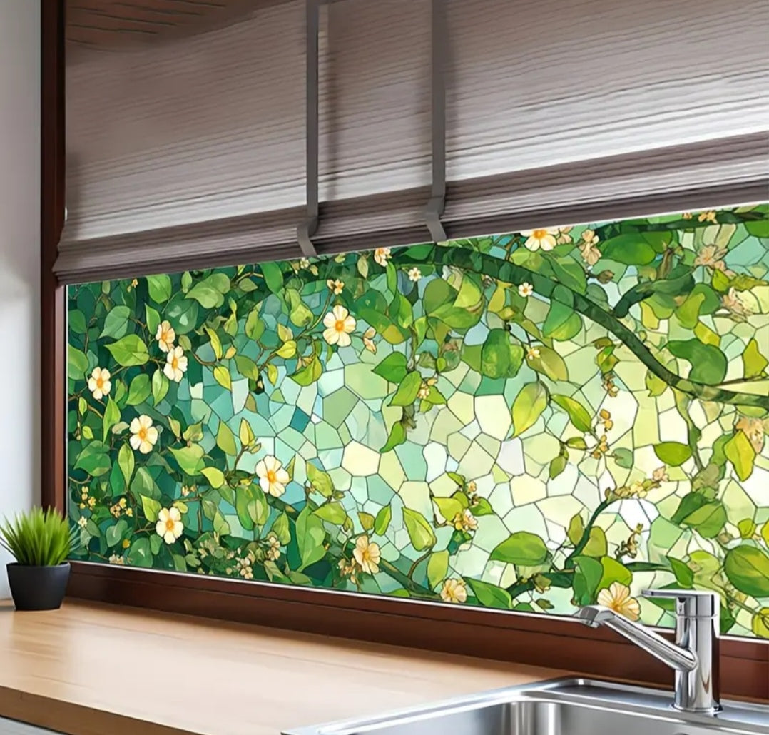 Botanical Window Static Cling – Green Leaf Frosted Privacy Film (45 × 100 cm) | Removable Decorative Glass Sticker