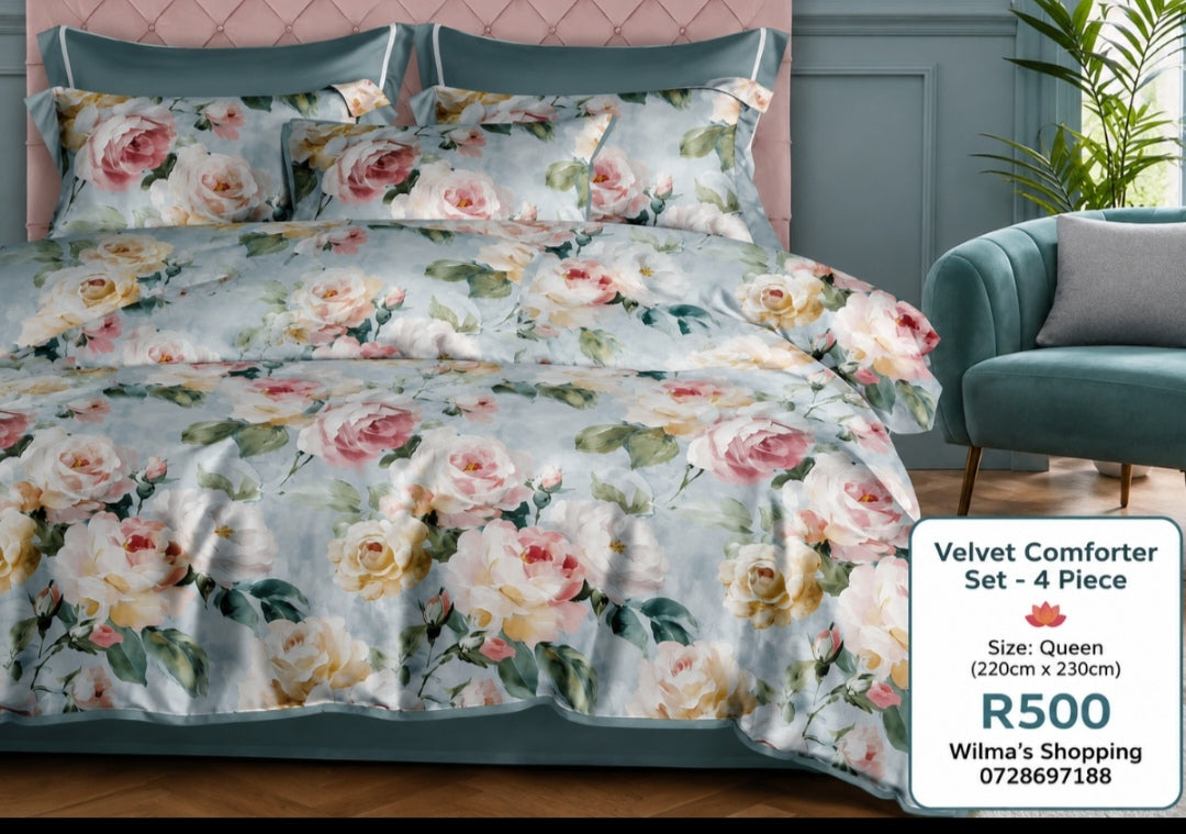 Velvet Floral Comforter Set – 4 Piece Queen Bedding Set (220cm x 230cm)