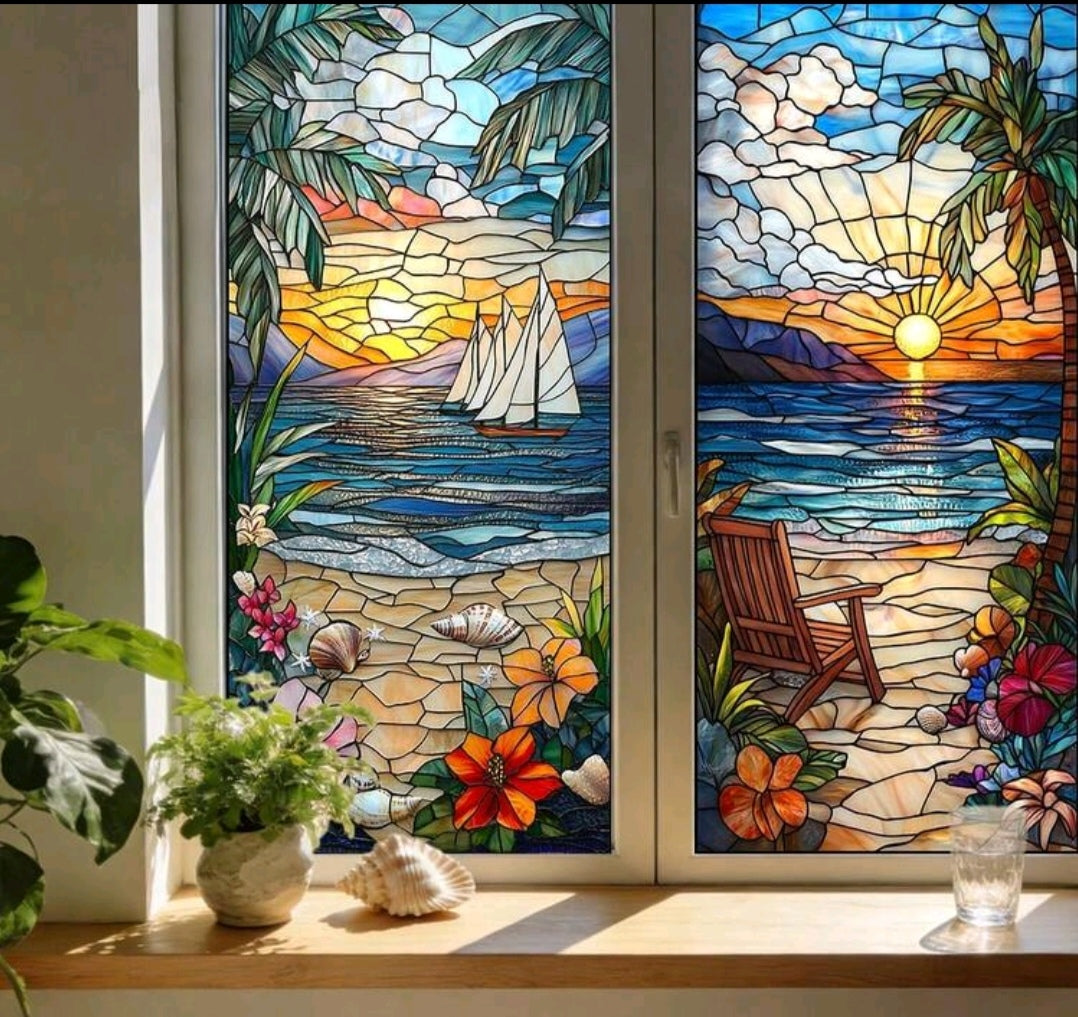Ocean Stained Glass Window Privacy Film – Coastal Beach, Waves, Lighthouse & Sea Life Decorative Static Cling – 45x100cm