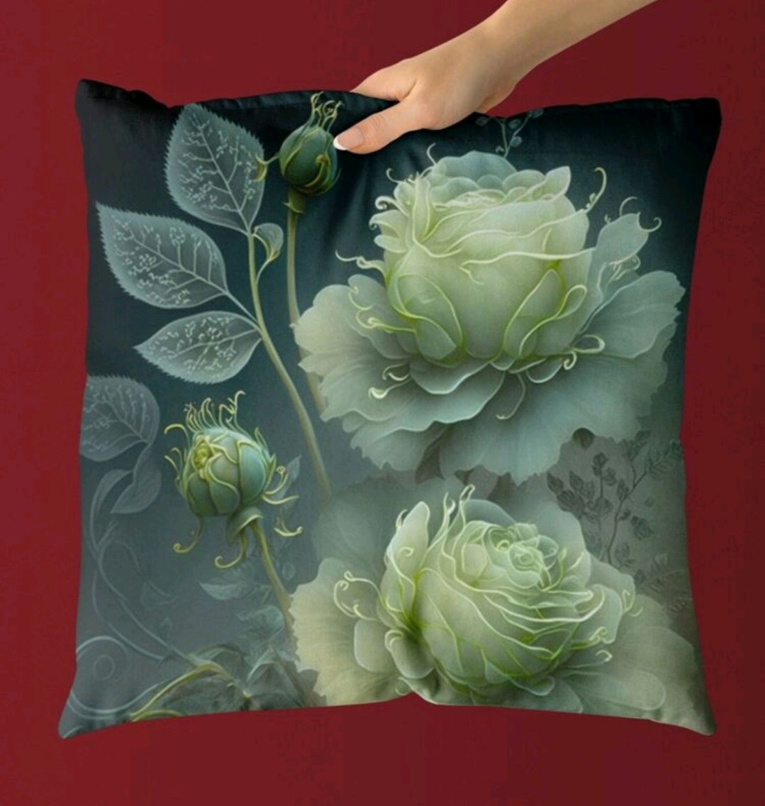 Ethereal Green Rose Floral Cushion Cover – 50×50cm Decorative Pillow Case