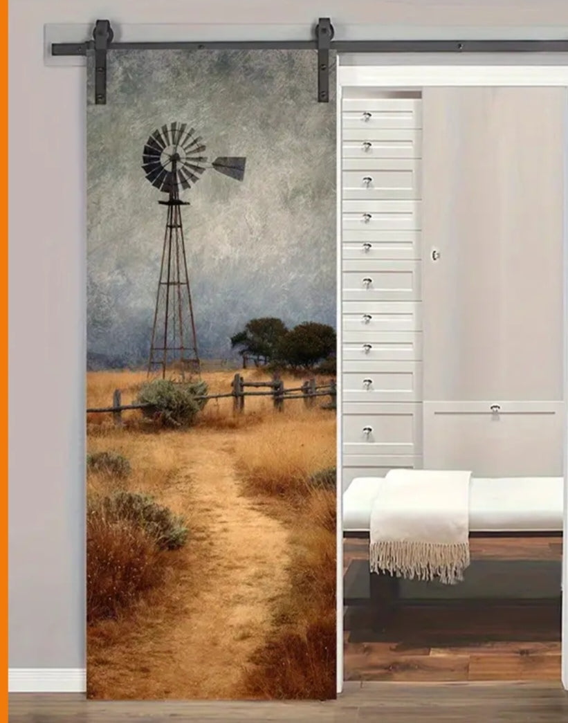 Retro Windmill Door Wrap Wall Decal – Rustic Farmhouse Landscape Peel & Stick PVC Mural (77x200 cm)