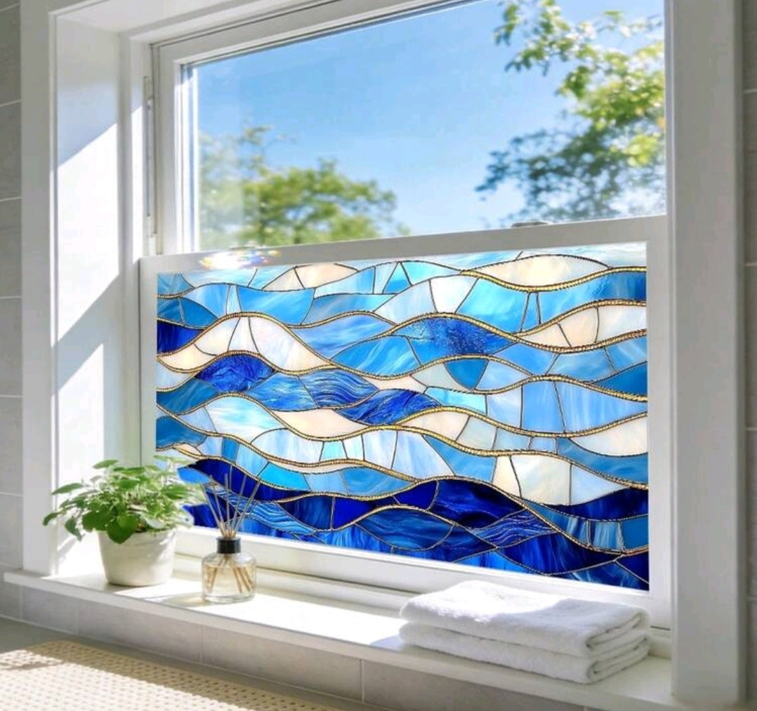Ocean Stained Glass Window Privacy Film – Coastal Beach, Waves, Lighthouse & Sea Life Decorative Static Cling – 45x100cm