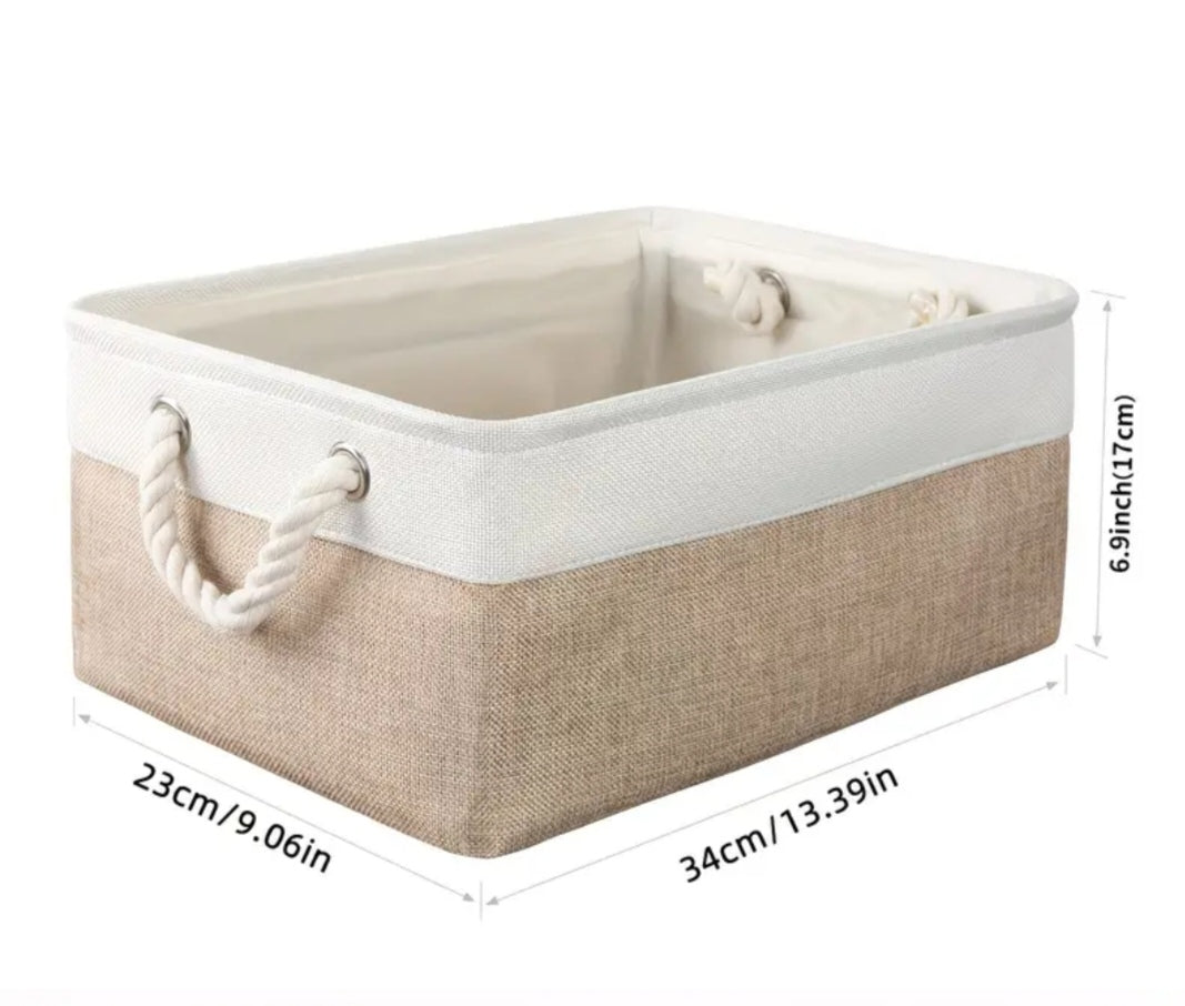 Foldable Linen Storage Basket with Rope Handles | Beige Fabric Organiser Basket | 34 x 23 x 17cm