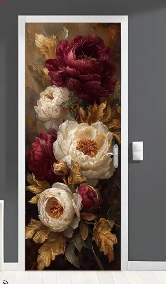 Luxury Floral Door Wallpaper Mural – Vintage Red & Cream Peony Wall Art Sticker