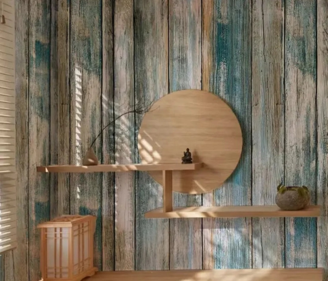 Ocean Blue Distressed Wood Peel & Stick Wallpaper – Self-Adhesive Waterproof Wall & Furniture Covering