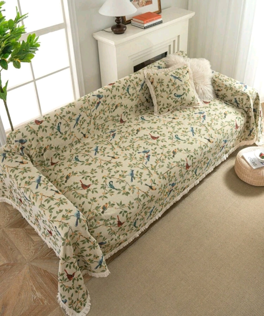 Vintage Farmhouse Jacquard Sofa Cover – Bird & Leaf Pattern, Thick Pet-Friendly Couch Protector