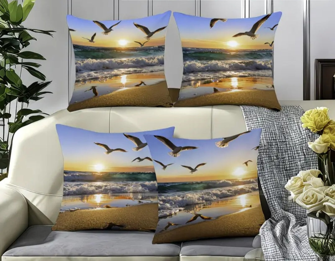 Coastal & Nautical Cushion Covers Set of 4 – Beach, Ocean, Sailboat & Maritime Designs 45x45cm each