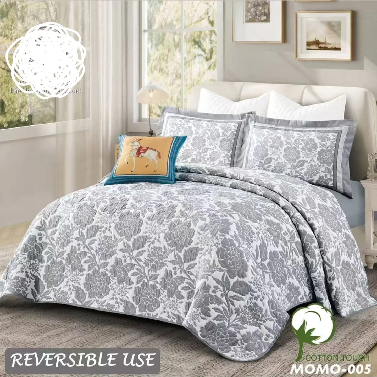 Super King Size 3-Piece Reversible Quilt Set – Grey Floral Bedspread with Pillowcases  (250x230cm)