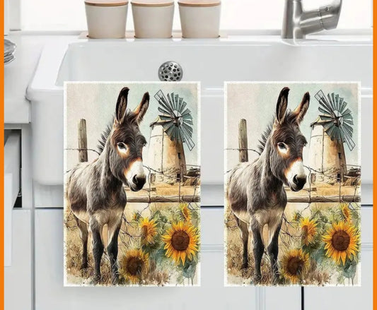 Donkey Sunflower Kitchen Towels Set of 2 | Farmhouse Dishcloths 40×60cm