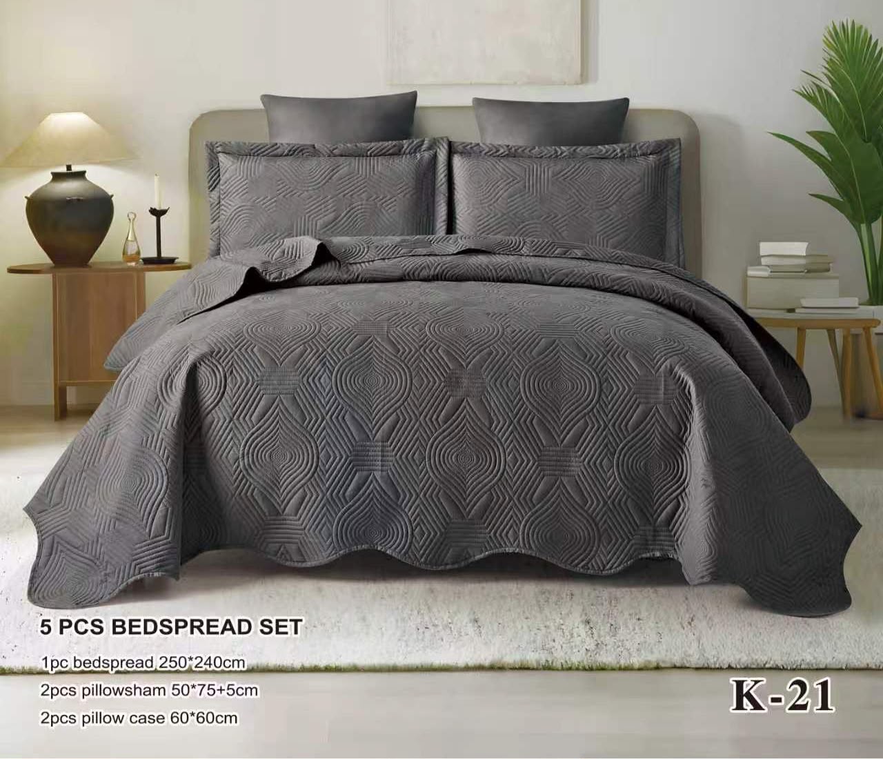 5 Piece Embossed Bedspread Set | Luxury Geometric Quilt Set with Pillow Shams & Cushion Covers