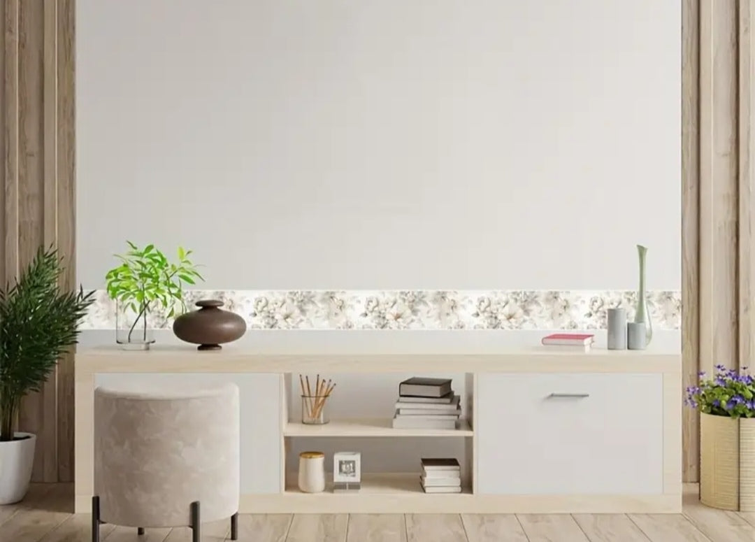 Peel and Stick Floral Wallpaper Border, Beige Flower Wall Decor Roll (12cm x 5m, Removable & Waterproof)