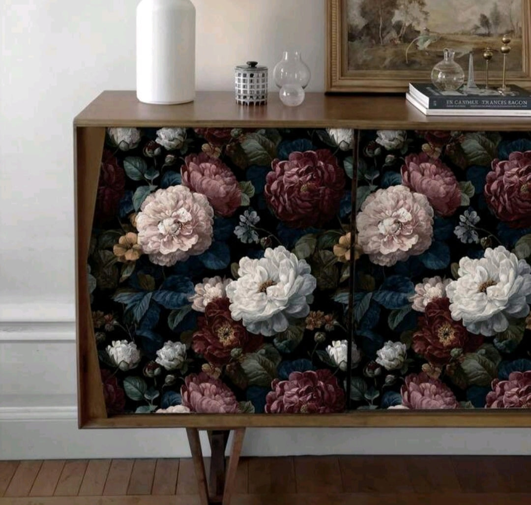 Dark Peony Floral Self-Adhesive Wallpaper | Vintage Luxury Black Floral Wall Covering