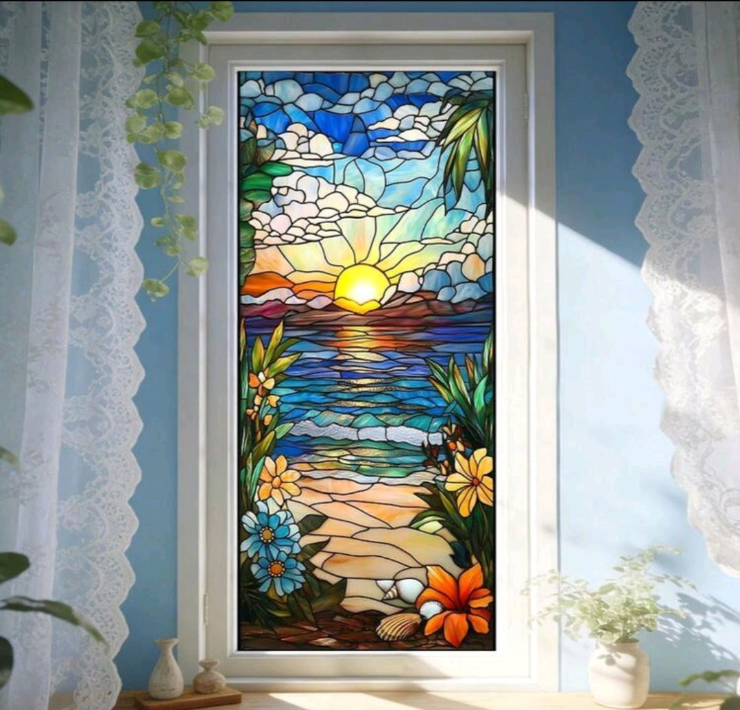 Ocean Stained Glass Window Privacy Film – Coastal Beach, Waves, Lighthouse & Sea Life Decorative Static Cling – 45x100cm