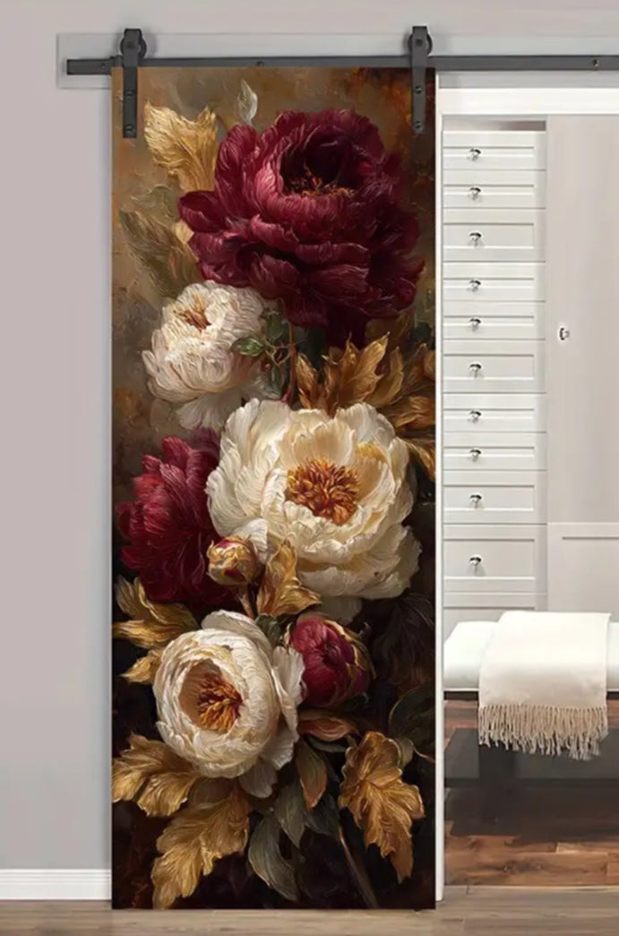 Luxury Floral Door Wallpaper Mural – Vintage Red & Cream Peony Wall Art Sticker