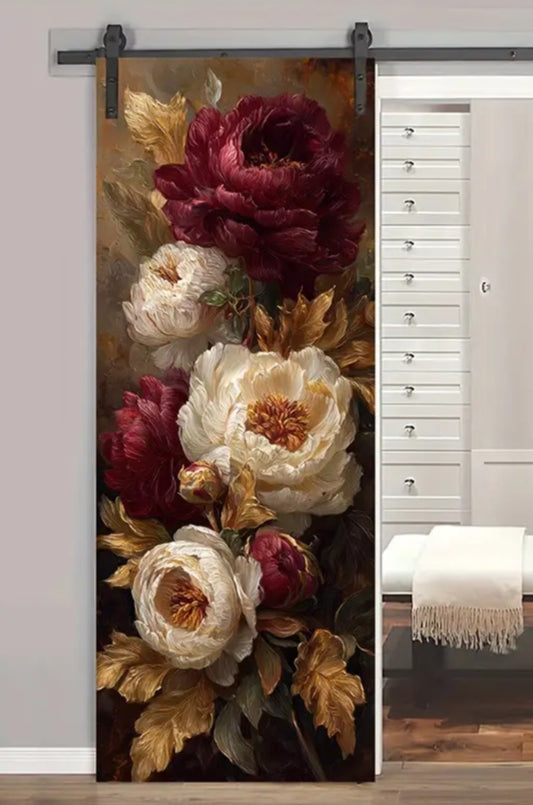 Luxury Floral Door Wallpaper Mural – Vintage Red & Cream Peony Wall Art Sticker