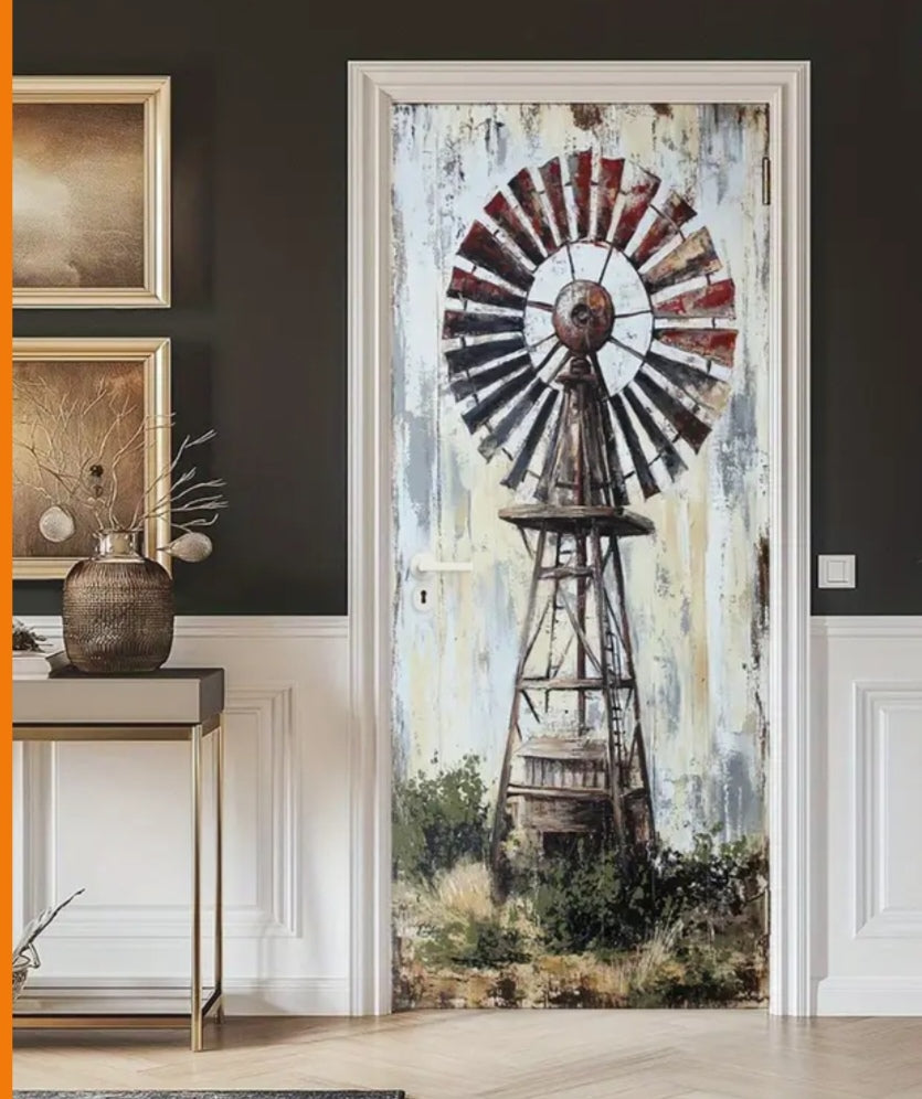Retro Windmill Door Wrap Wall Decal – Rustic Farmhouse Landscape Peel & Stick PVC Mural (77x200 cm)